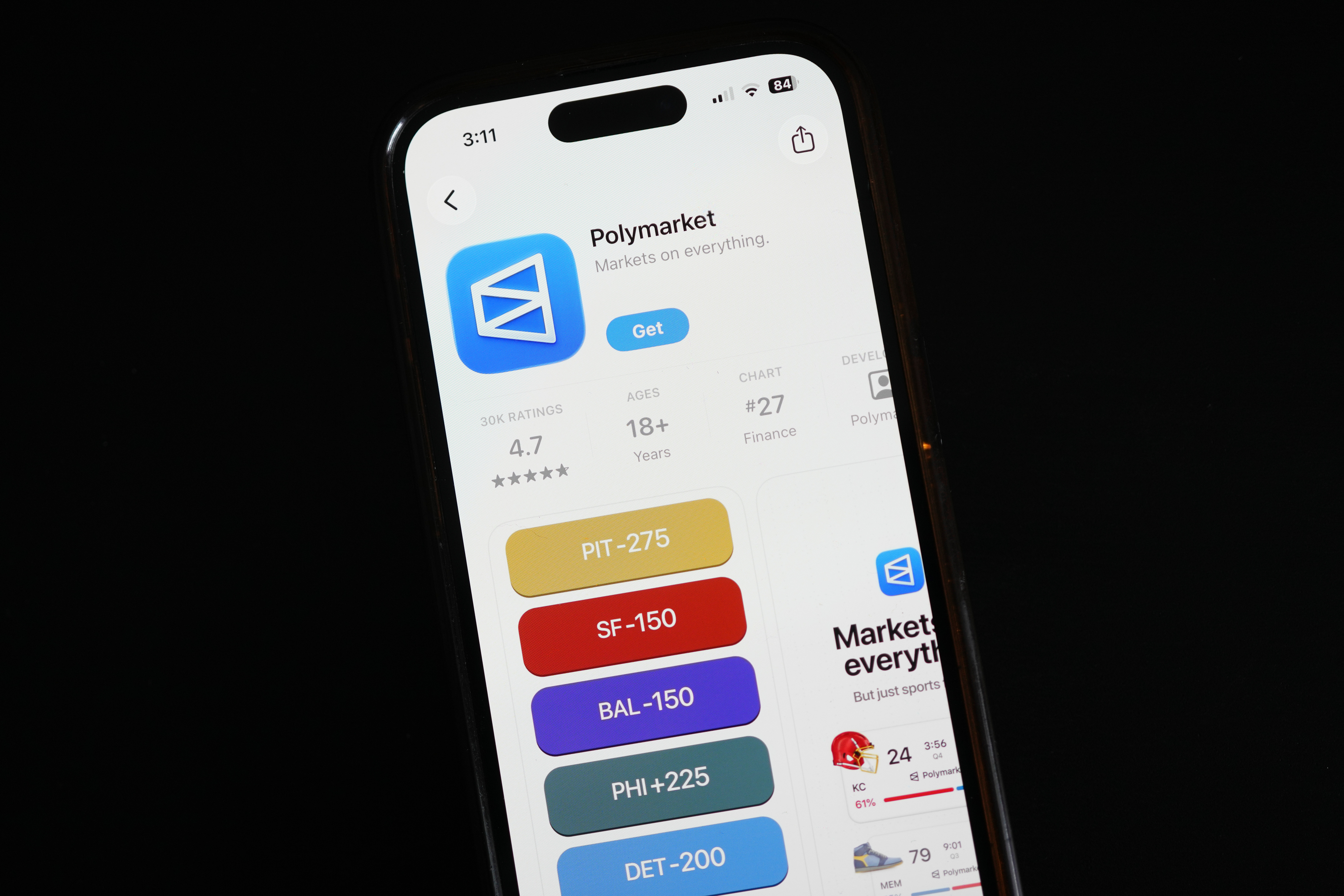 The prediction market app Polymarket is displayed on a mobile phone, April 16, 2026, in Chicago. 