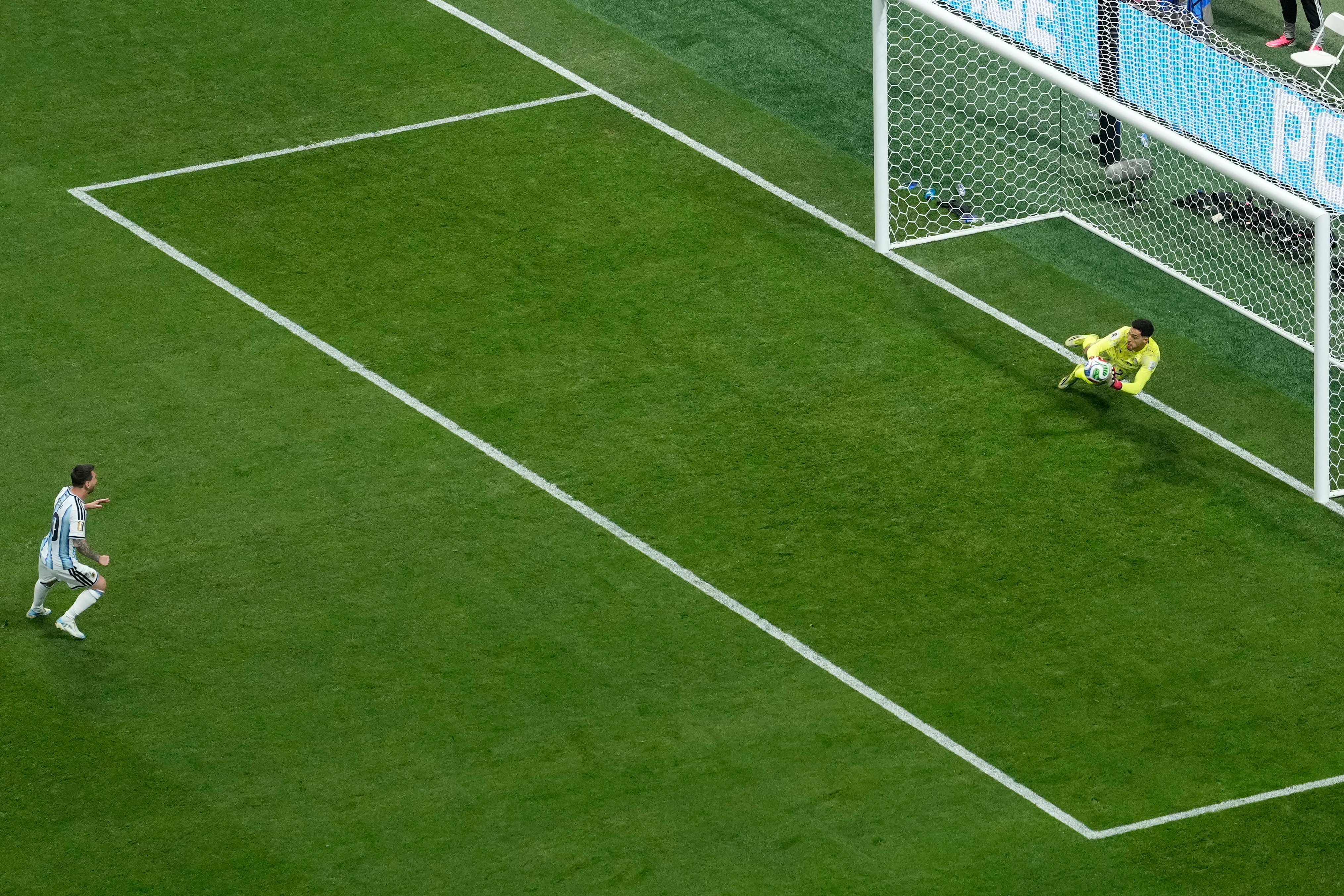 Egypt goalkeeper Mostafa Shoubir (23) saves a penalty kick by Argentina's Lionel Messi (10) during the World Cup round of 16 soccer match between Argentina and Egypt in Atlanta, Tuesday, July 7, 2026.
