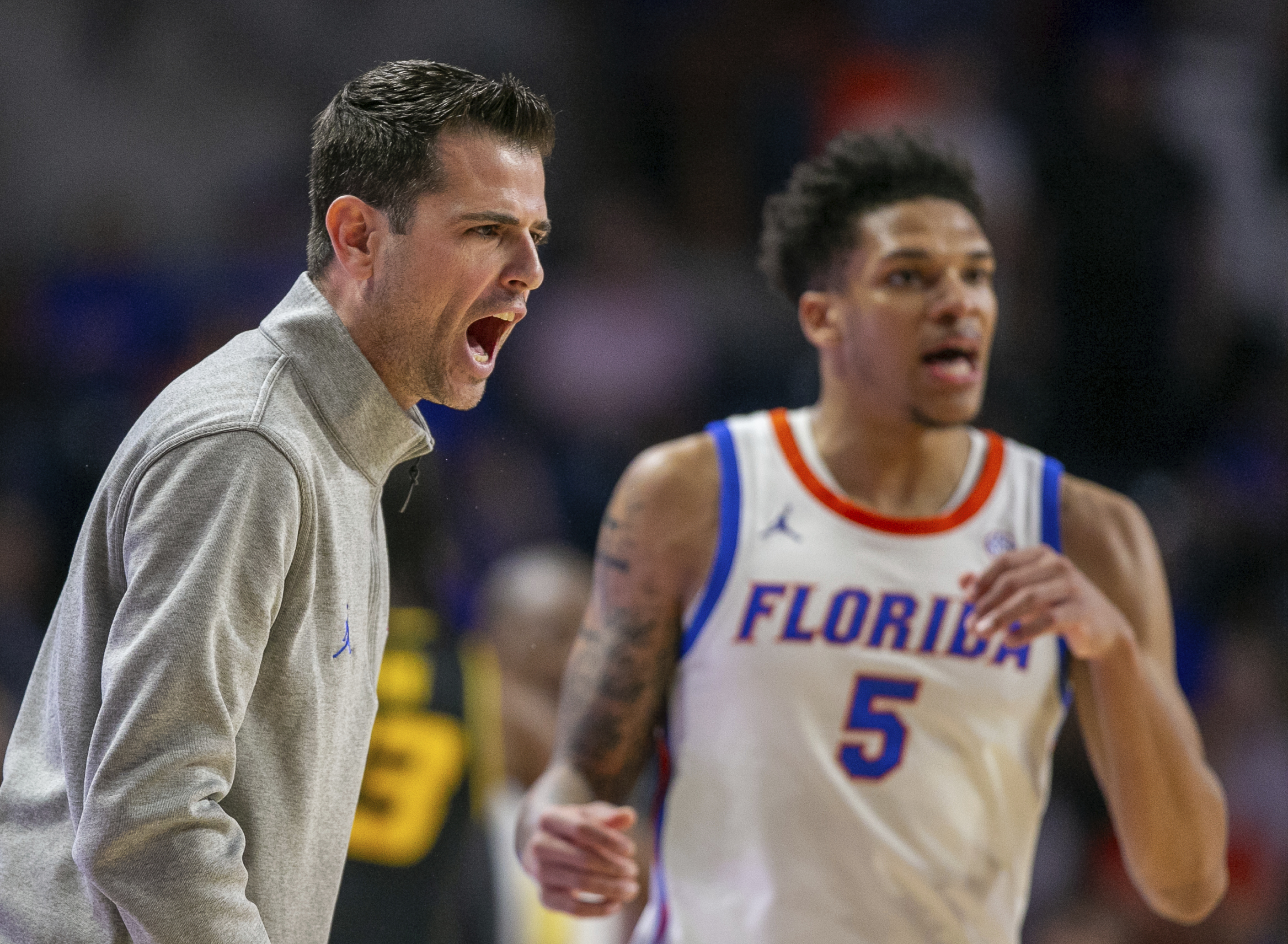 Florida Gators basketball coach Todd Golden and guard Will Richard protest call, Feb. 28, 2024