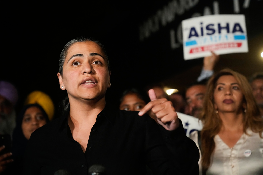 State Sen. Aisha Wahab, a Democratic candidate for Congress in California's 14th district, speaks during a primary election night event on Tuesday, Aug. 18, 2026, in Hayward, Calif. 