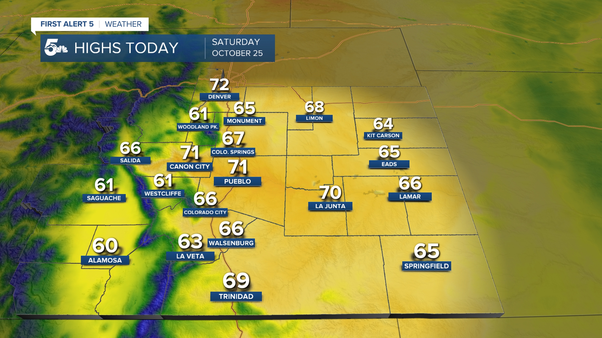Highs in southern Colorado on Saturday, October 25th
