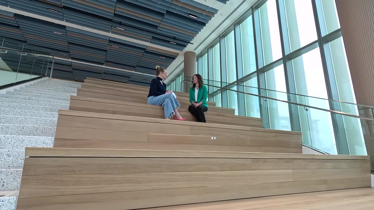 Sabrina Weiss, Senior Vice President at Omaha Performing Arts, right, speaks with KMTV's Mary Nelson ahead of the public open house at the new Tenaska Center for Arts Engagement.