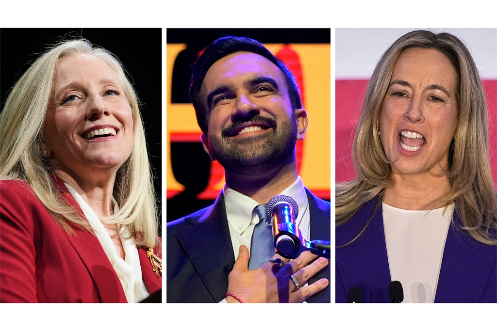 This combination of photos taken on Tuesday, Nov. 4, 2025, shows Abigail Spanberger in Richmond, Va., left, Zohran Mamdani in New York, center, and Mikie Sherrill in East Brunswick, N.J.