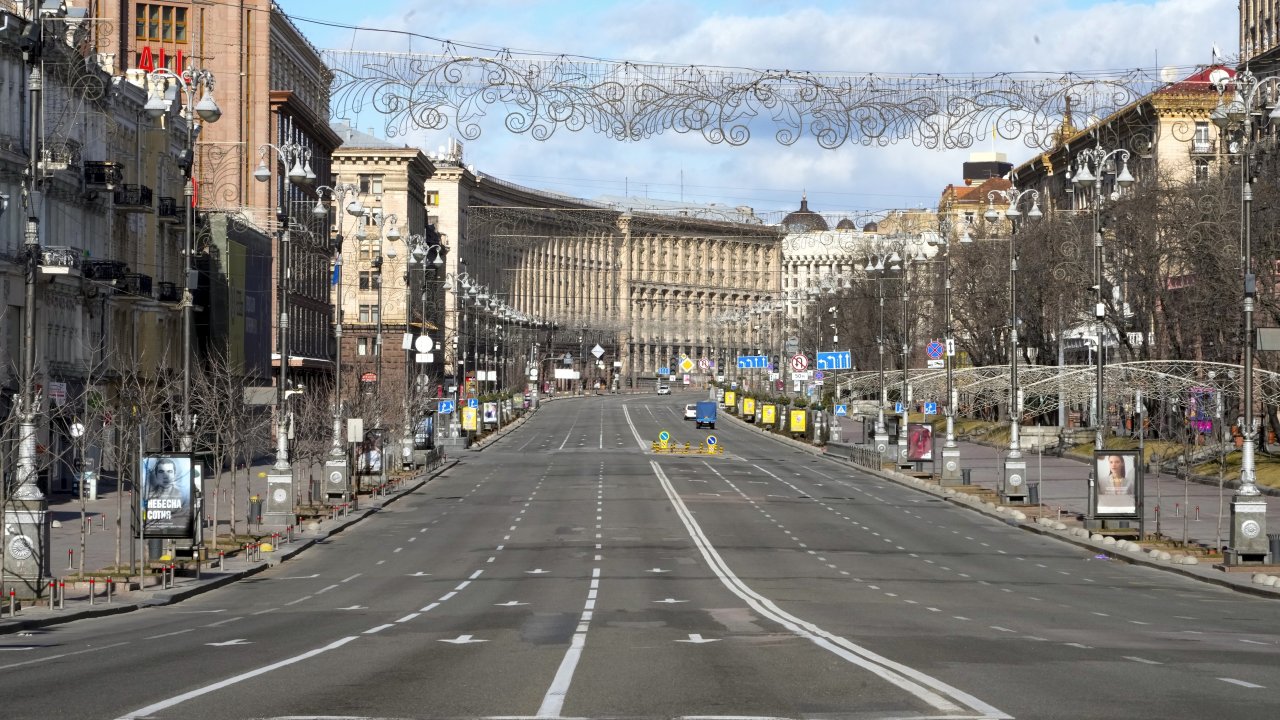 A view of Khreshchatyk, the main street, empty, due to curfew in the central of Kyiv, Ukraine