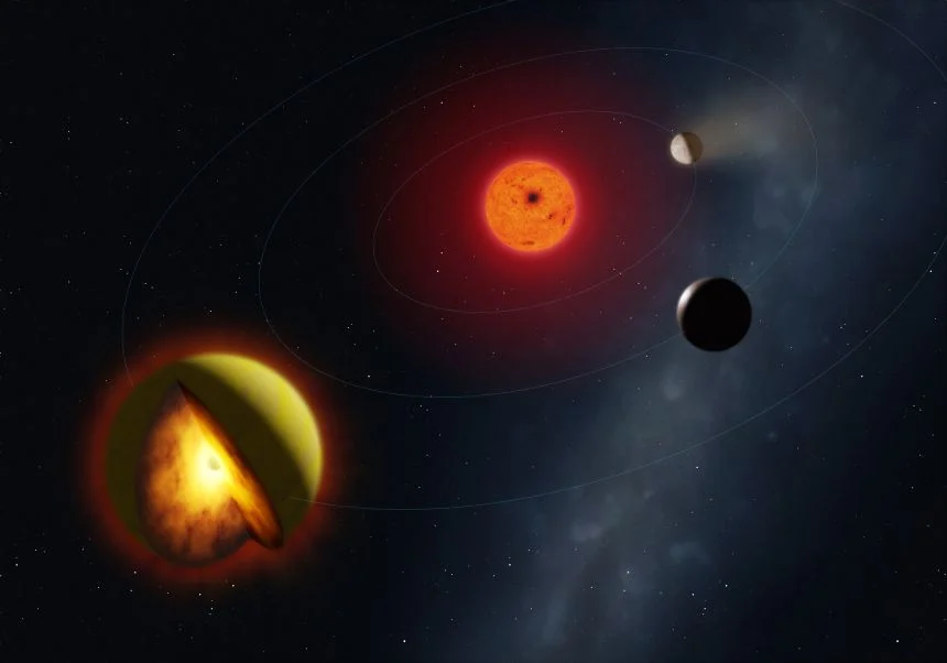 An artist’s impression of L 98-59 d in orbit around its host star, the red dwarf L 98-59. 