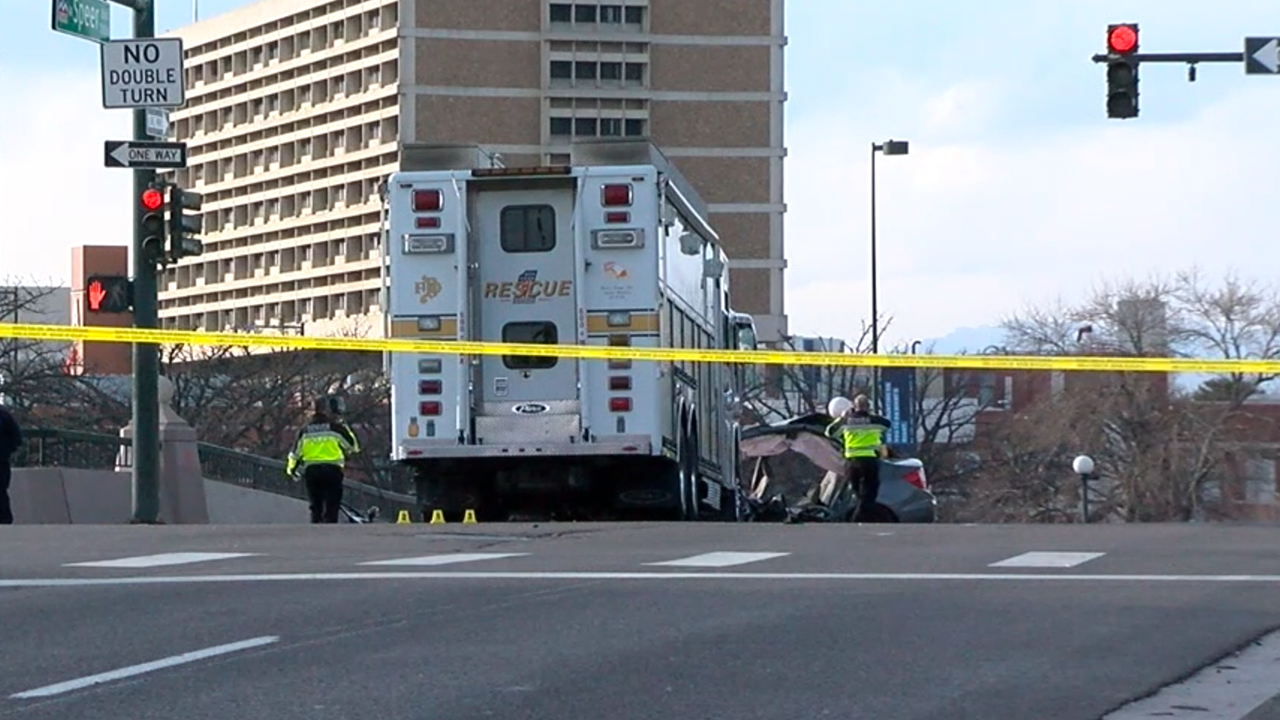 Scene after crash between car and fire truck in Denver