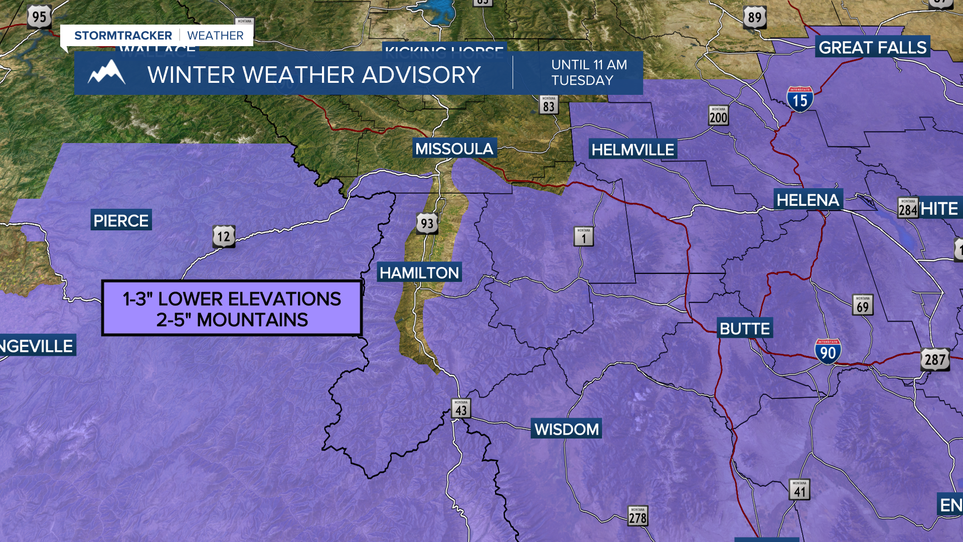 Winter Weather Advisories in effect Monday night into Tuesday for southwest Montana