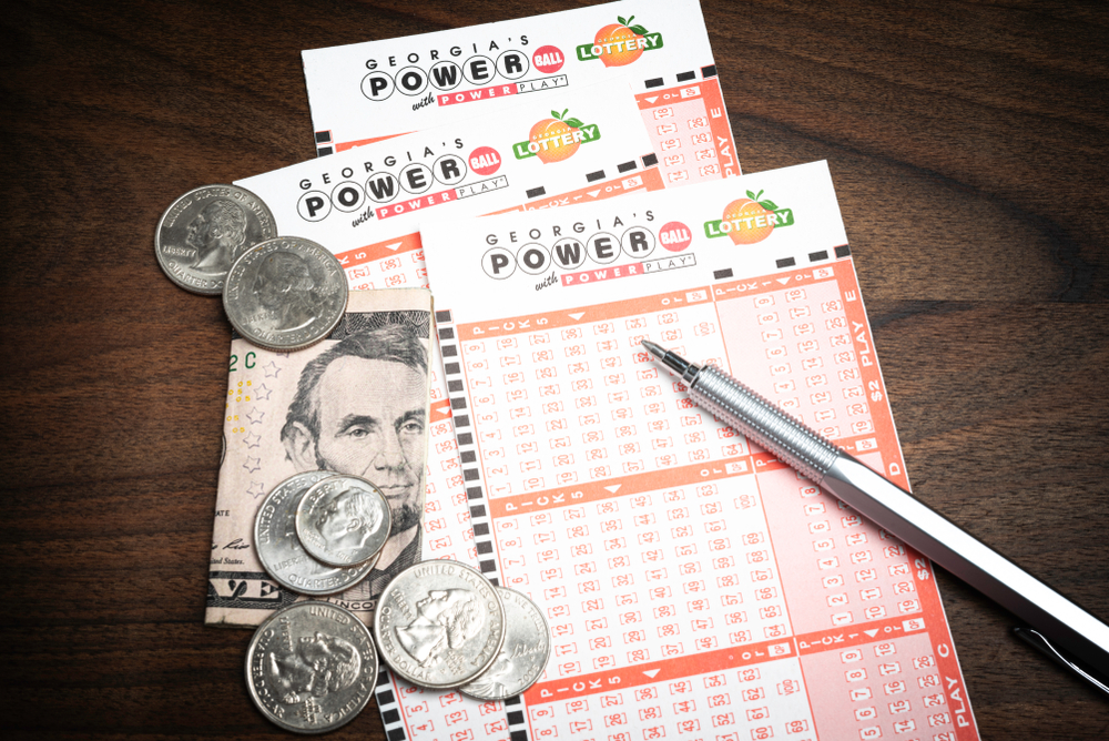 Powerball ticket with money.