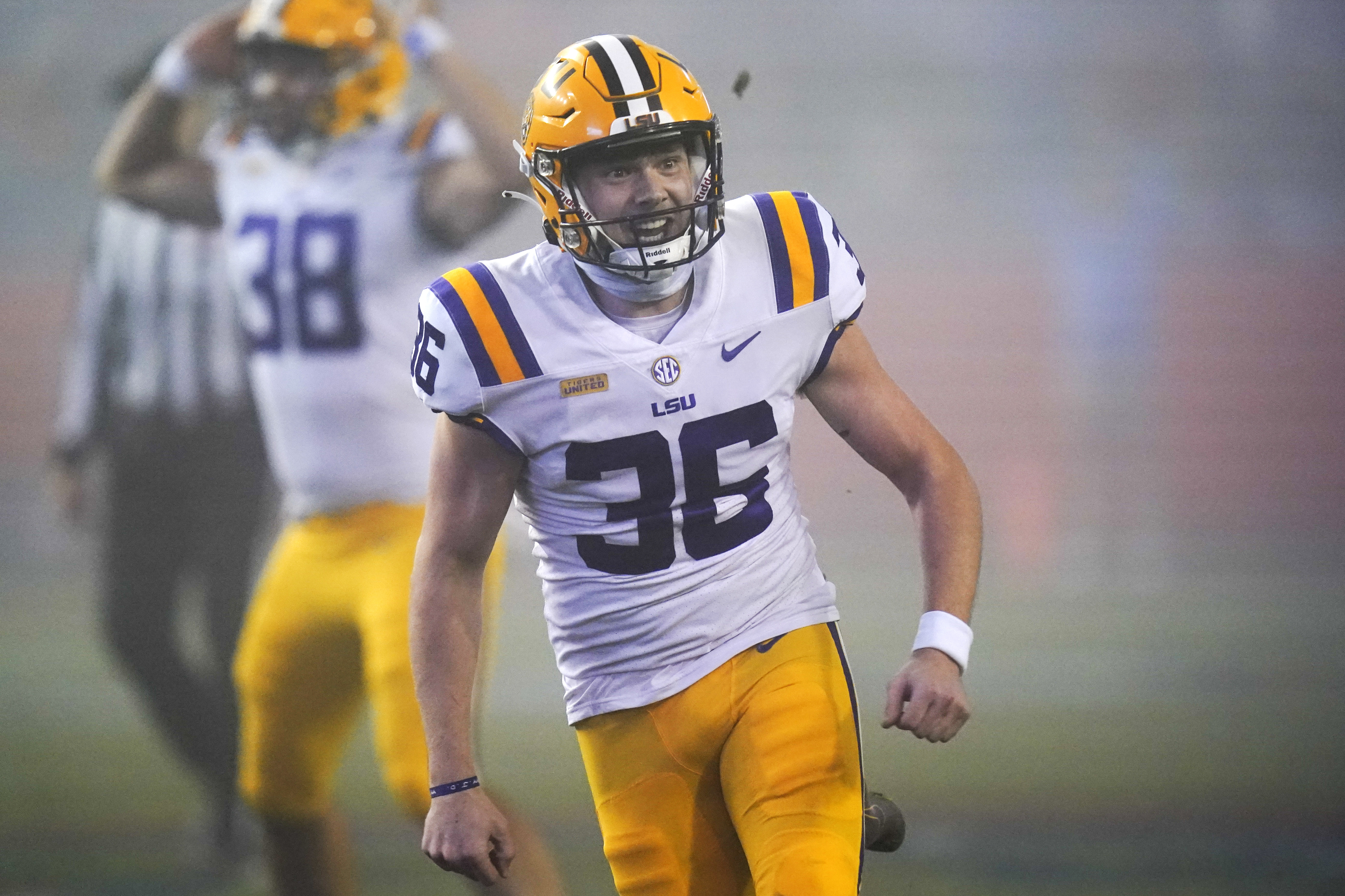 LSU Tigers kicker Cade York celebrates after 57-yard field goal vs. Florida Gators in 2020