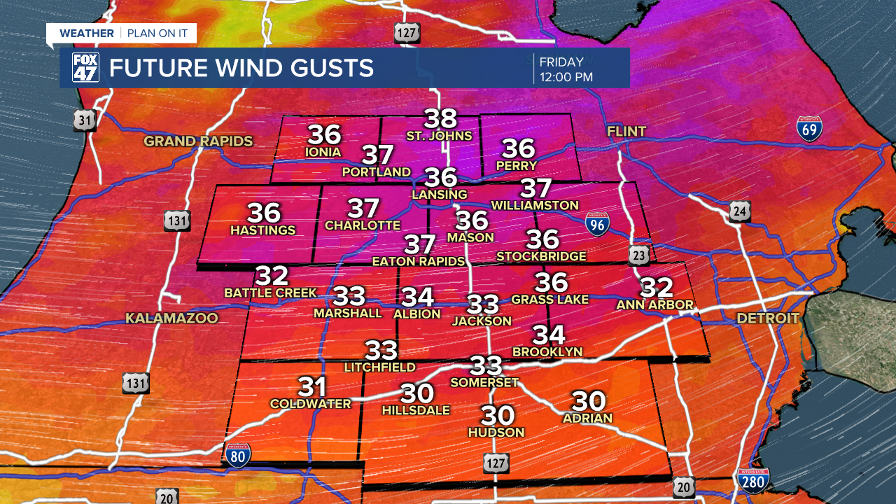 Wind gusts as high as 40 mph today as cold front advances through Michigan
