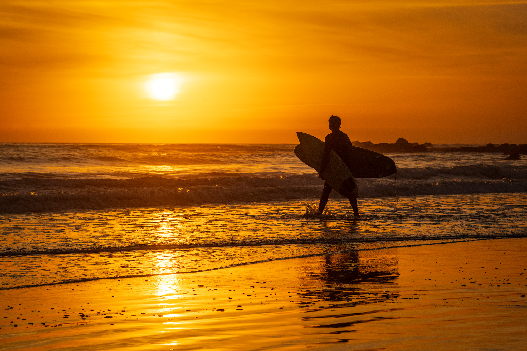 Surfer Heading Out For One More Sunset Ride, San Luis Obispo County, California