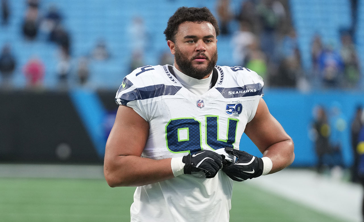 Seattle Seahawks defensive end Mike Morris (94) leaves the field following an NFL football game against the Carolina Panthers, Sunday, December 28, 2025, in Charlotte, NC. 