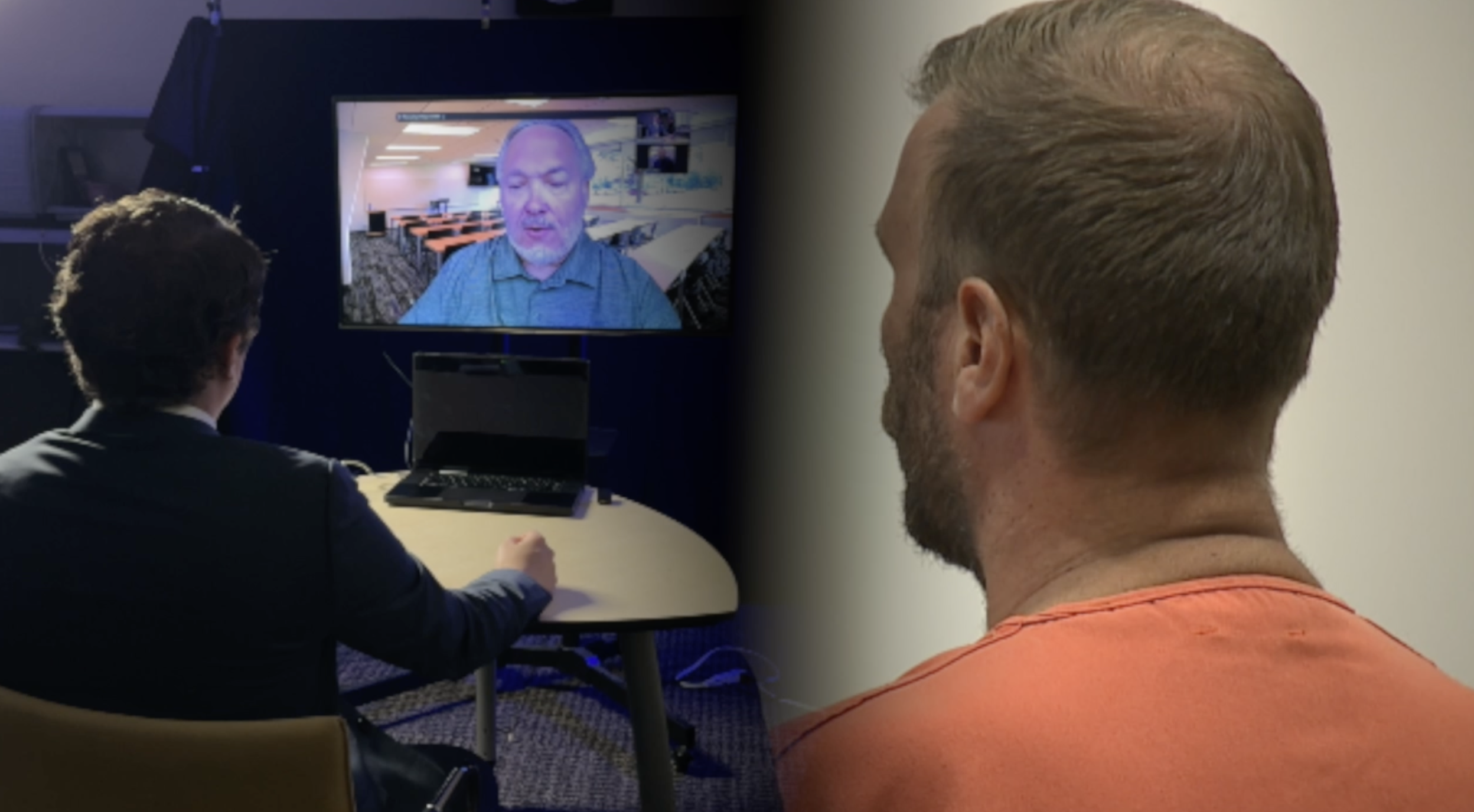 (Left) WCPO 9 News Reporter Sam Harasimowicz and former Woodlawn Police Chief Jeff Witte / (Right) Chad Essert in court