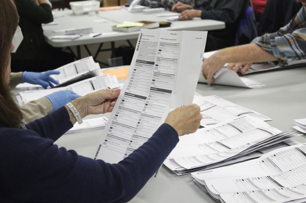 An election worker examines a ballot at the Clackamas County Elections office May 19, 2022, Oregon City, Ore. 