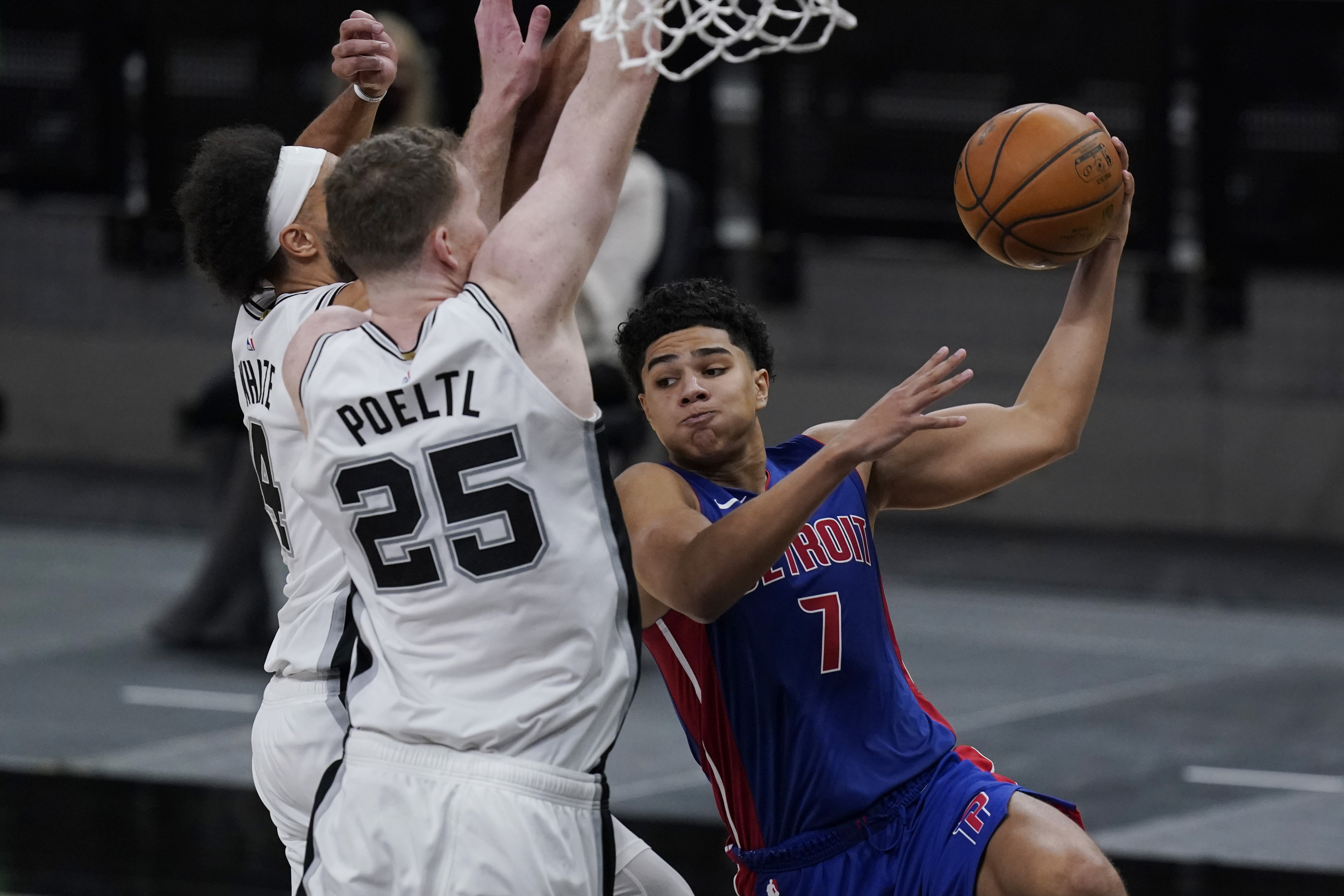 Killian Hayes, Jakob Poeltl, Derrick White Pistons Spurs Basketball