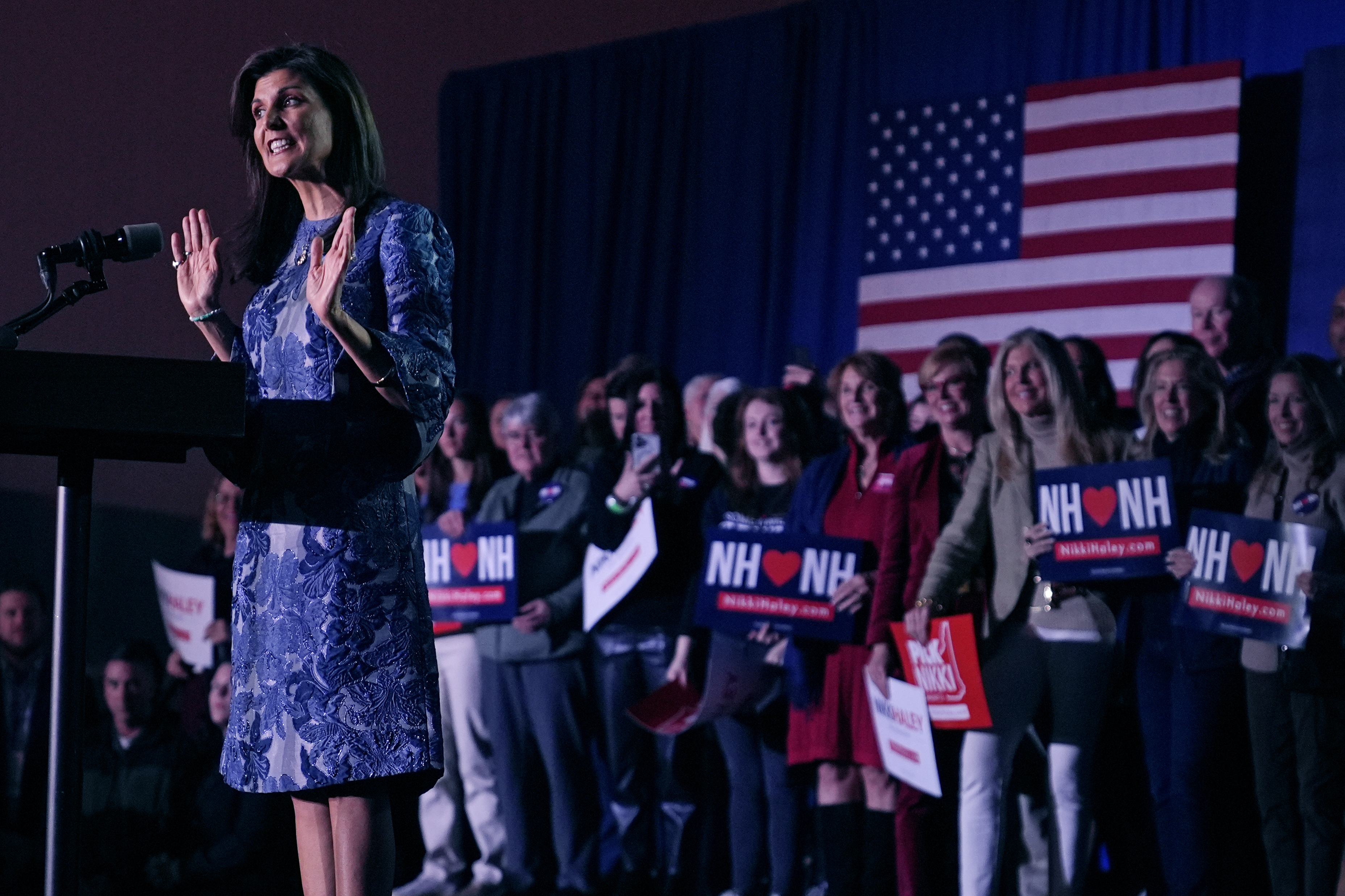Republican presidential candidate former UN Ambassador Nikki Haley addresses a gathering during a New Hampshire Primary night rally, in Concord, N.H., Tuesday Jan. 23, 2024. (AP Photo/Charles Krupa)