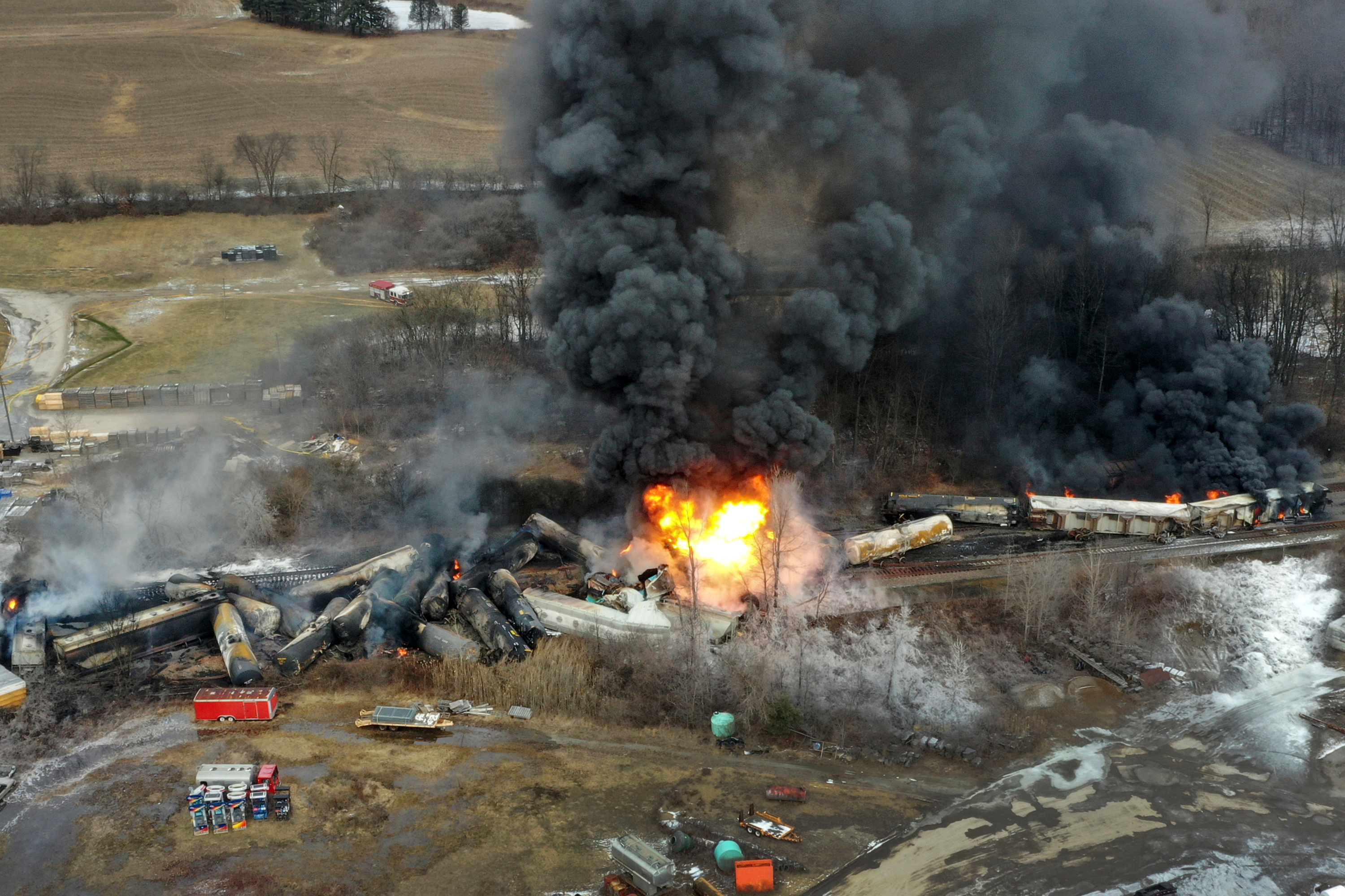 FILE - This photo taken with a drone shows portions of a Norfolk and Southern freight train, Feb. 4, 2023, that derailed in East Palestine, Ohio.