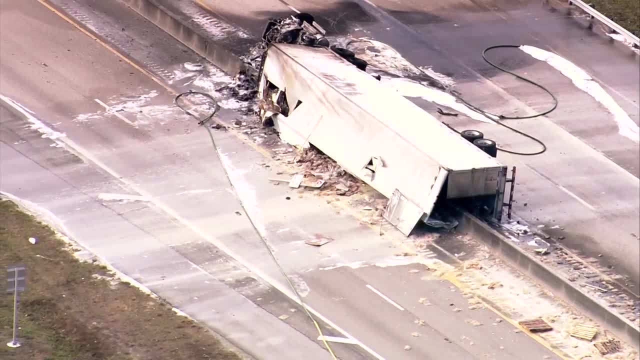Chopper 5 aerial of semi-truck fire on Florida's Turnpike