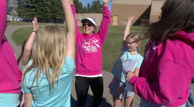 Girls on the Run members doing their post-practice cheer, Wednesday, April 8, 2026