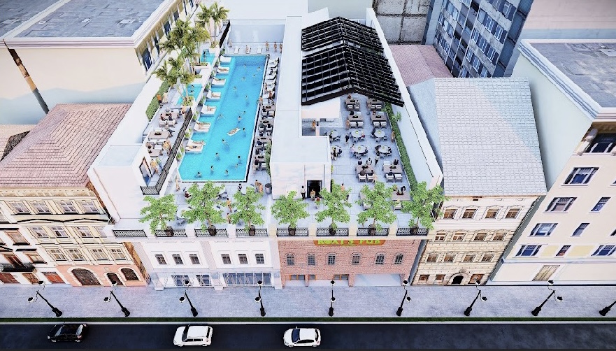 Roxy's Pub rooftop swimming pool aerial rendering