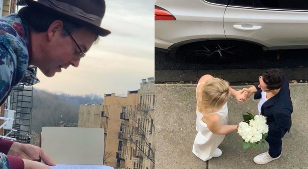 Amid pandemic, NYC couple gets married on sidewalk with friend officiating from 4th floor window