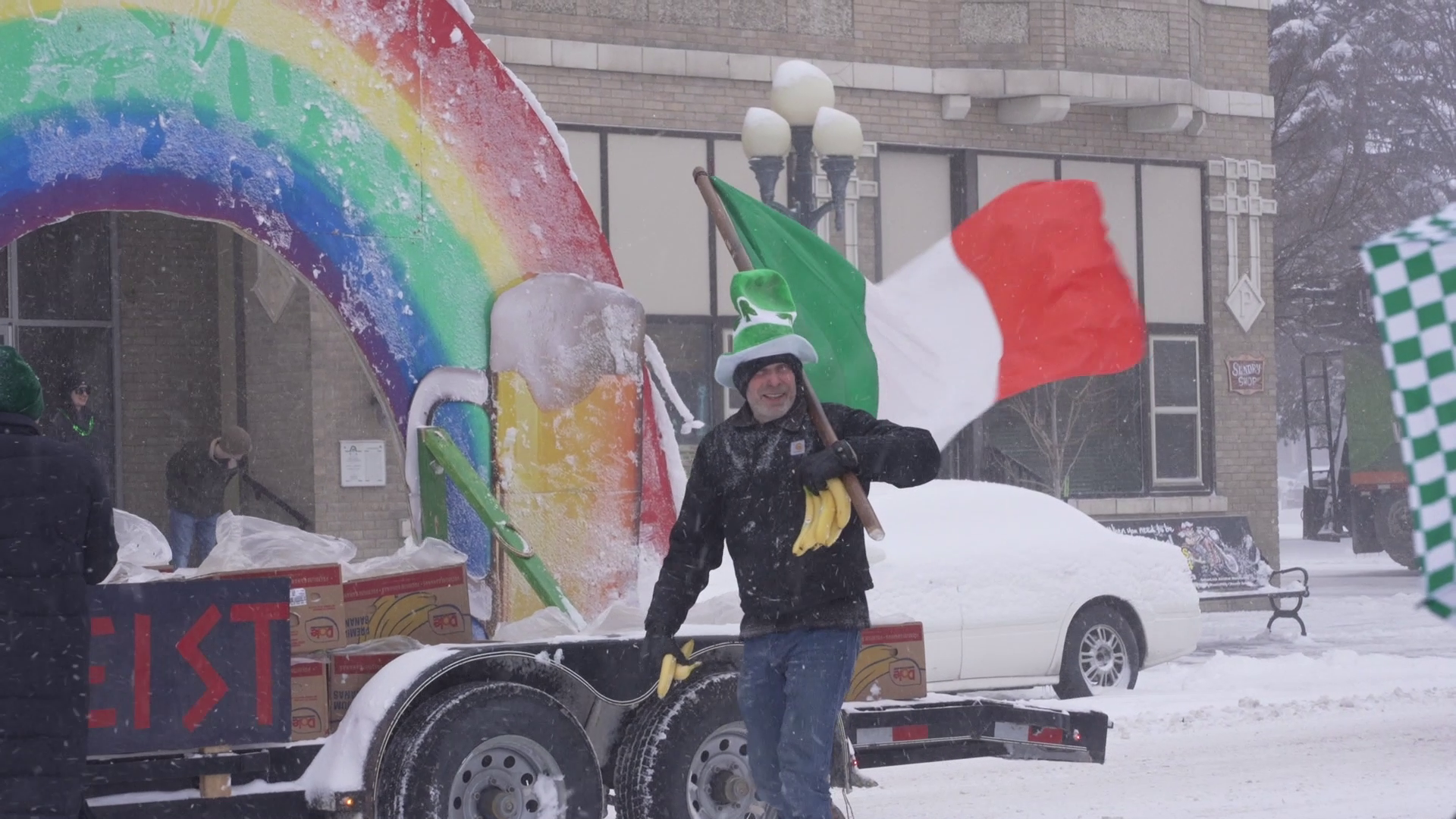 A very snowy and cold St. Patrick's Day parade