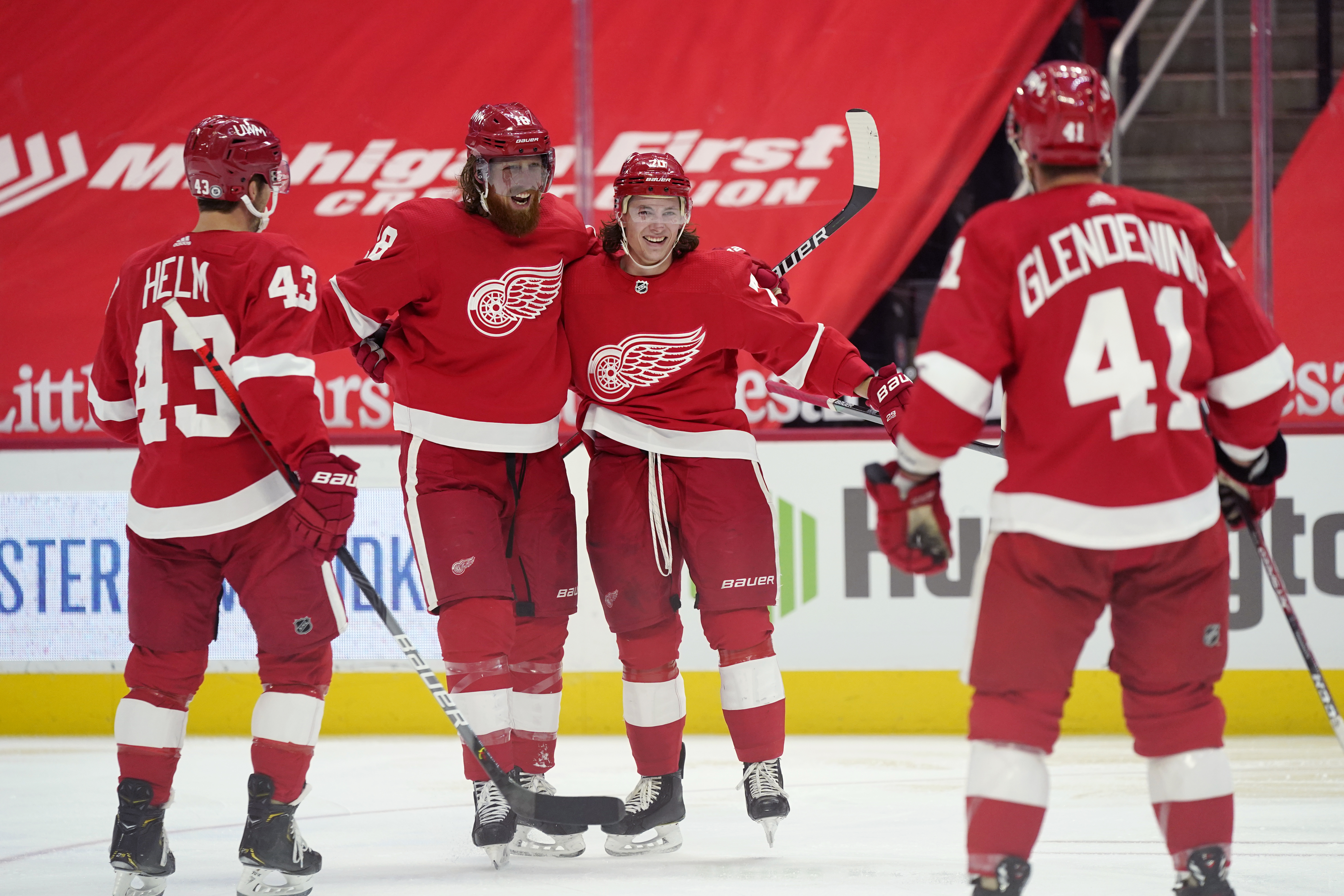 Darren Helm, Marc Staal, Troy Stecher, Luke Glendening Blackhawks Red Wings Hockey