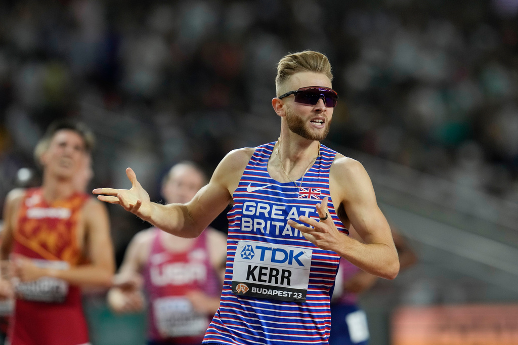 FILE - Josh Kerr, of Great Britain, reacts after winning the men's 1500-meters final during the World Athletics Championships in Budapest, Hungary, Wednesday, Aug. 23, 2023. 