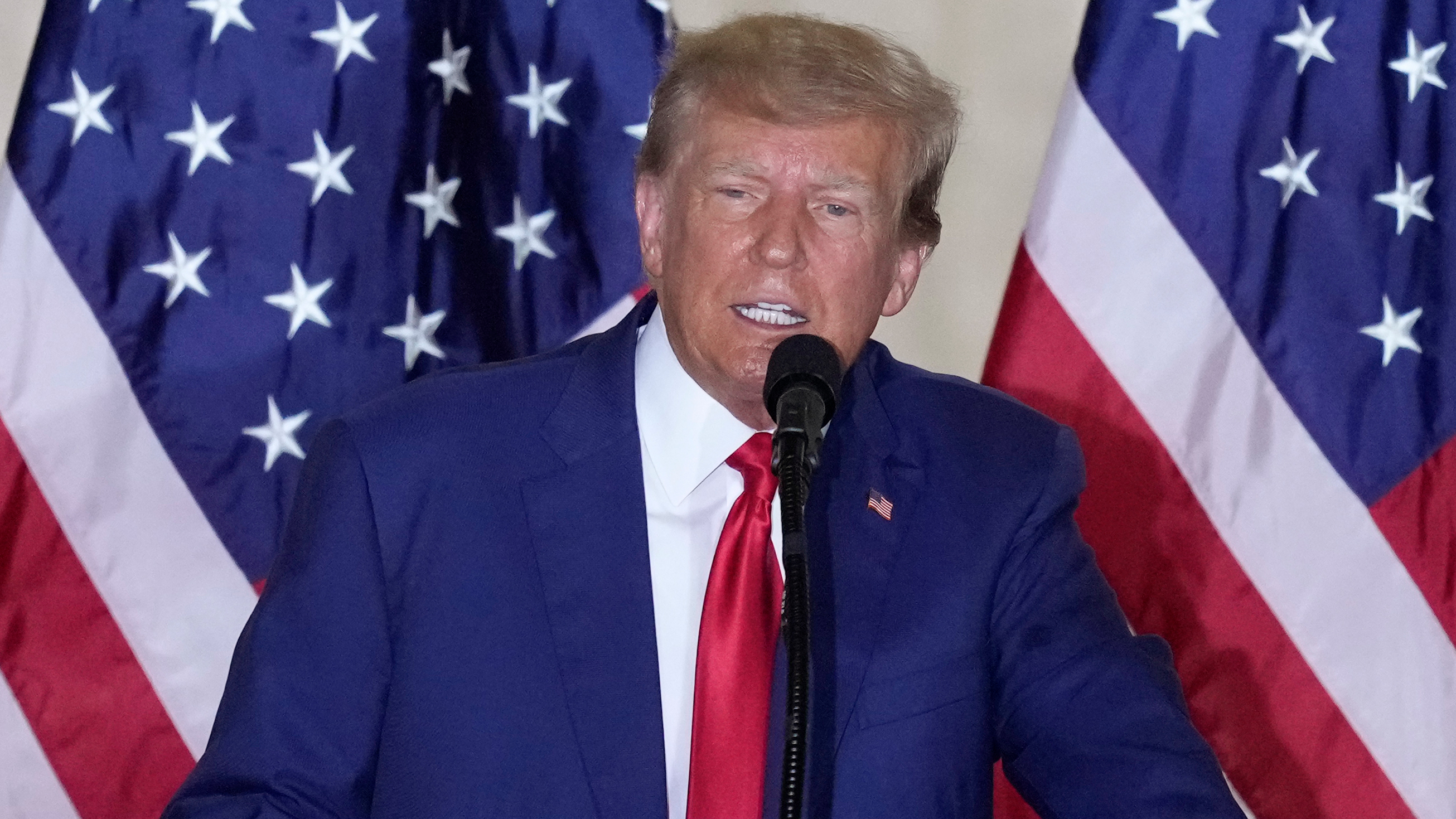 Former President Donald Trump speaks at his Mar-a-Lago estate hours after being arraigned in New York City, Tuesday, April 4, 2023, in Palm Beach, Fla.