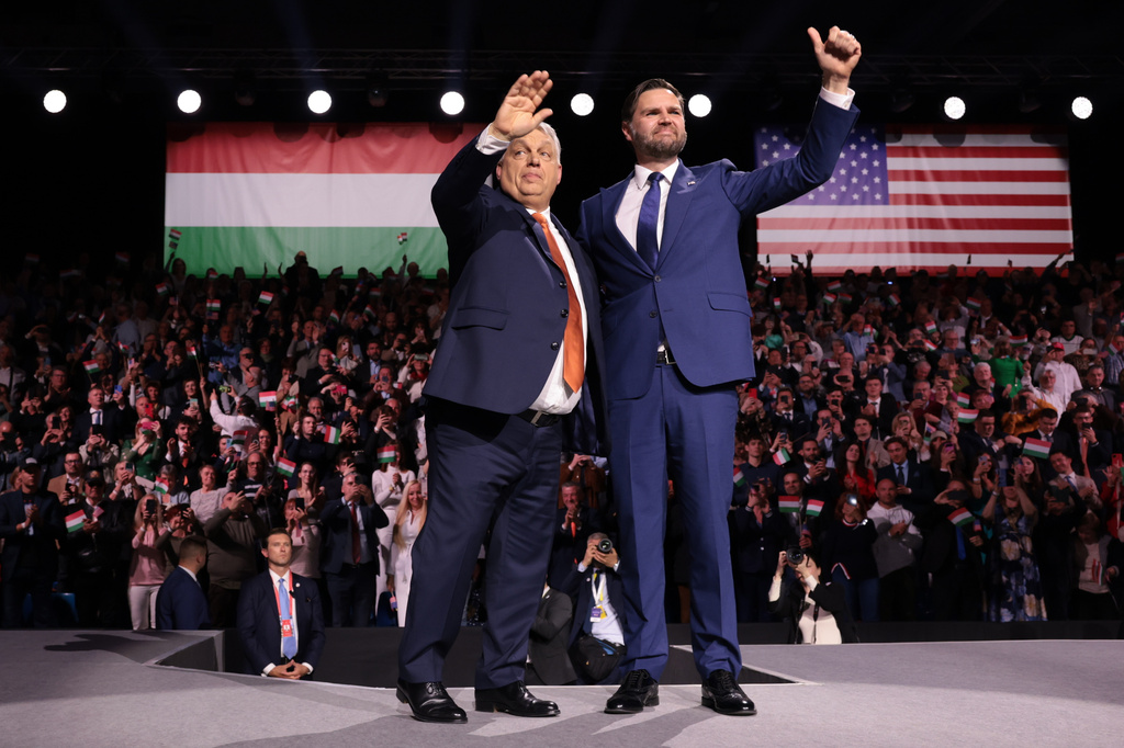 U.S. Vice President JD Vance and Hungarian Prime Minister Viktor Orban, left, wave to the audience during a Day of Friendship event in Budapest, Hungary Tuesday, April 7, 2026.
