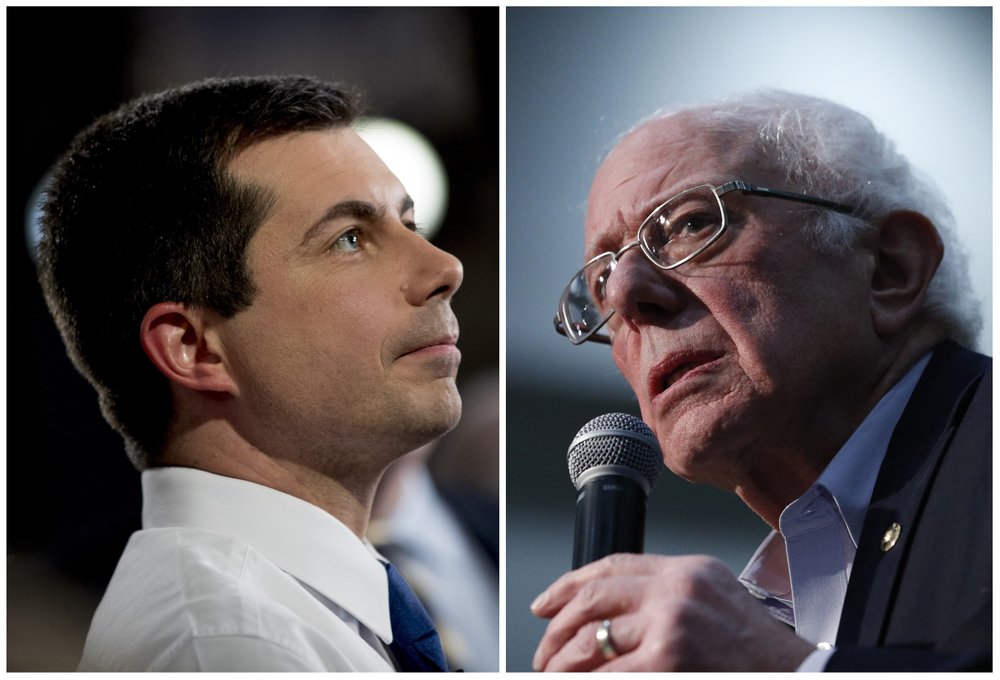 This combination of Jan. 26, 2020, photos shows at left, Democratic presidential candidate former South Bend, Ind., Mayor Pete Buttigieg on Jan. 26, 2020, in Des Moines, Iowa; and at right Democratic presidential candidate Sen. Bernie Sanders, I-Vt., in Sioux City, Iowa. After a daylong delay, partial results from Iowa's Democratic caucuses showed Buttigieg and Sanders ahead of the pack. (AP Photo)
