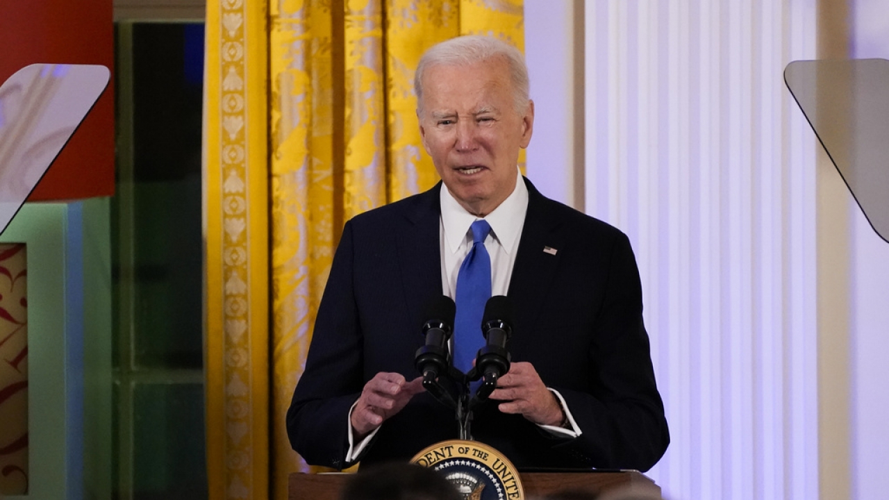 President Joe Biden speaks during a Hanukkah reception.
