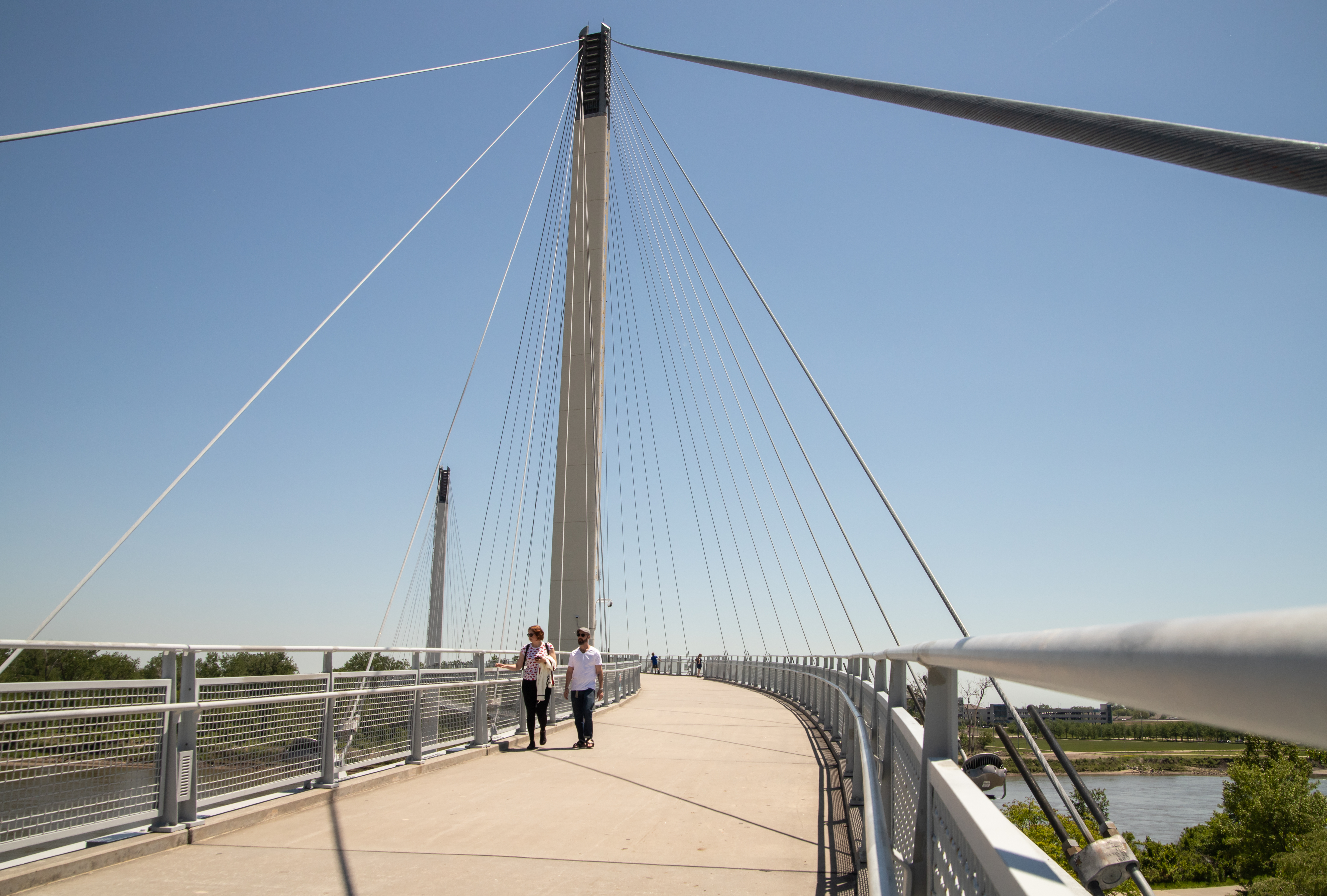Bob Kerrey Pedestrian Bridge spans over the Missouri River from Omaha