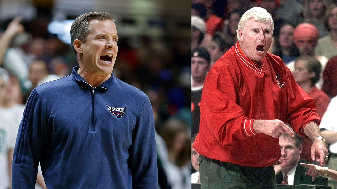 Dusty May and Bob Knight split screen of coaches screaming on court