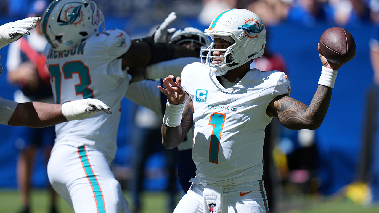 Miami Dolphins quarterback Tua Tagovailoa (1) looks to pass during the first half of an NFL football game against the Indianapolis Colts on Sunday, Sept. 7, 2025, in Indianapolis.