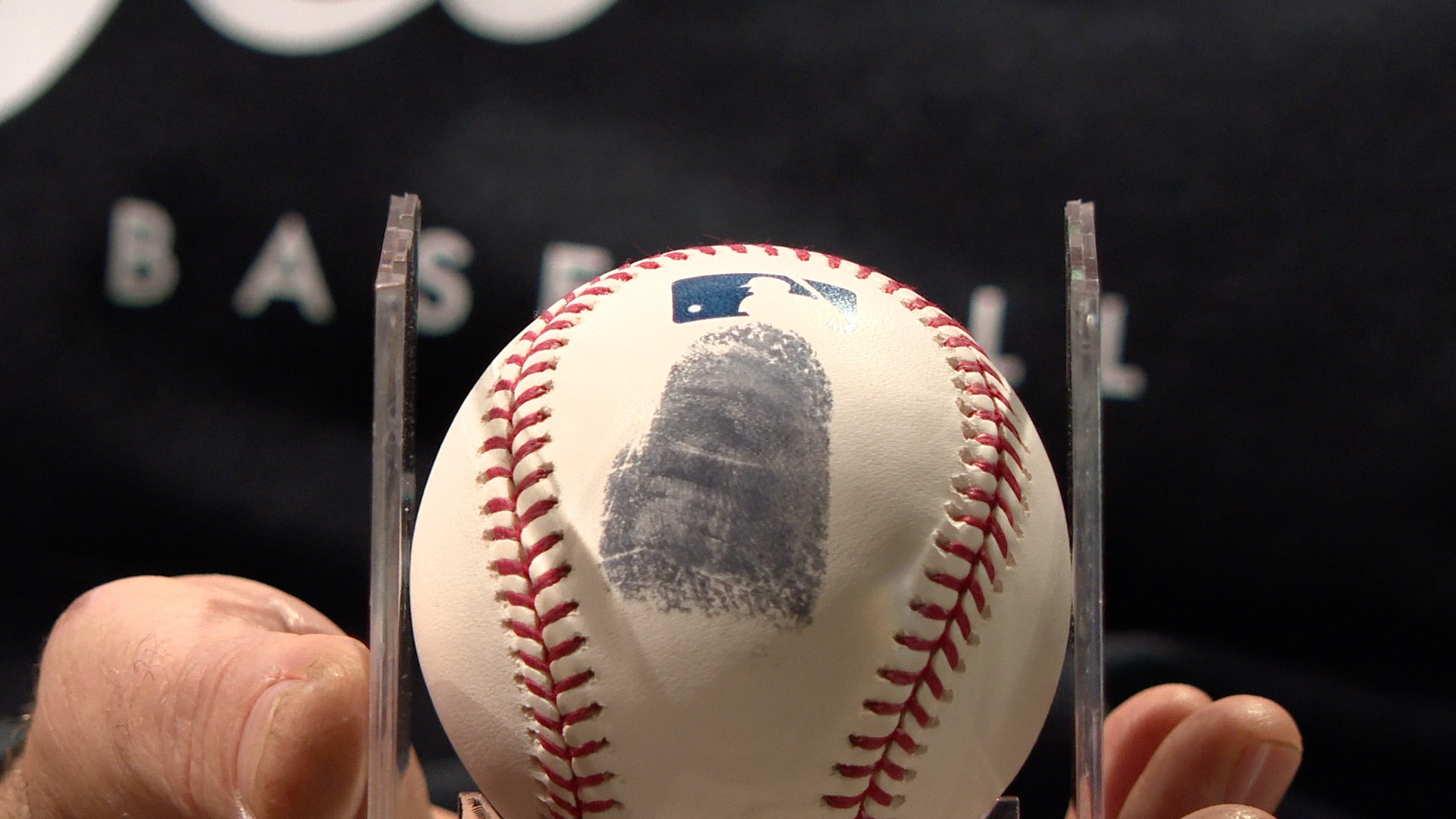 Detroit Tigers baseball with thumbprint of Daryl Patterson of 1968 WS team