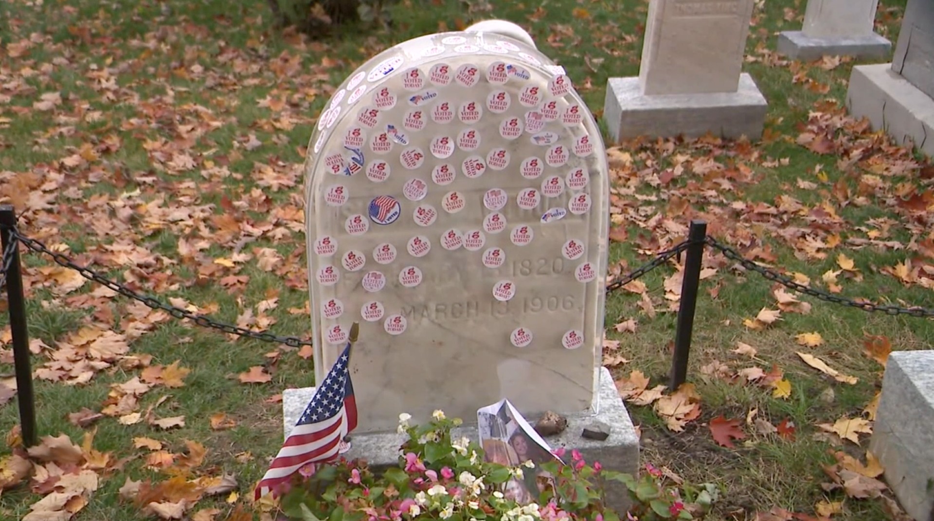 Shield protects Susan B. Anthony’s headstone from voting stickers left in her honor
