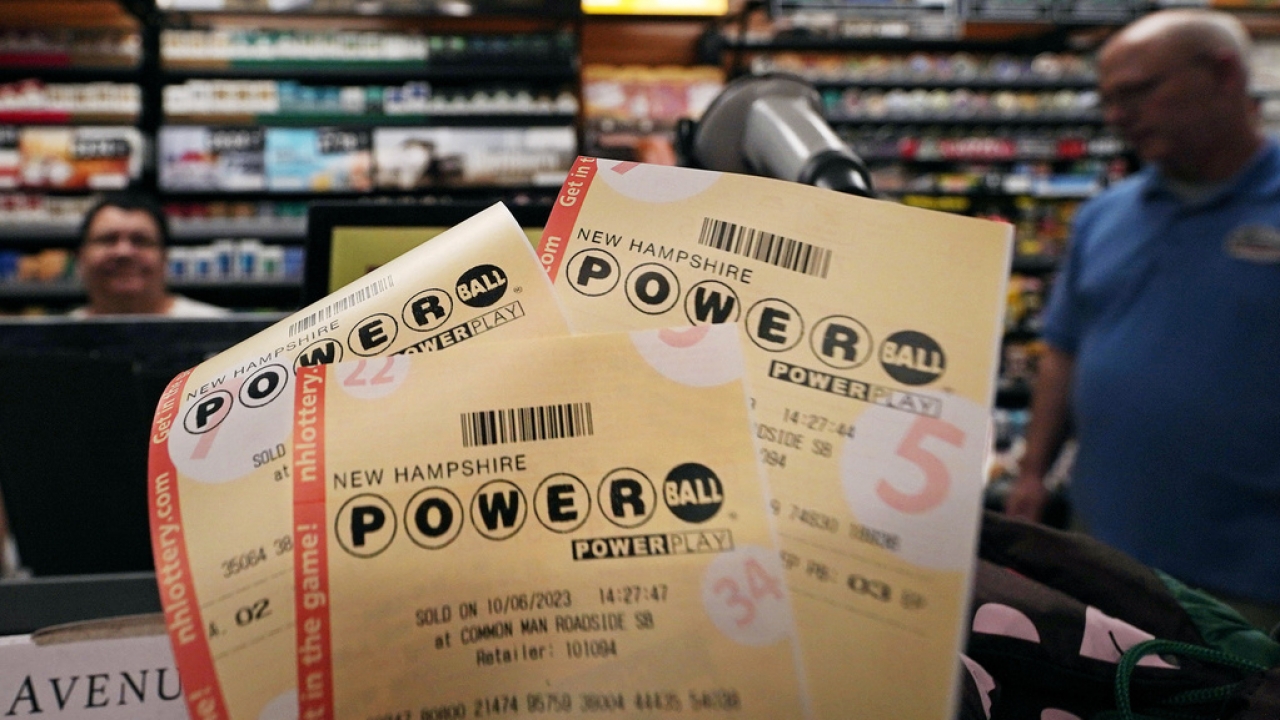 Powerball lottery tickets are displayed at the New Hampshire General Store along Route 93 South.