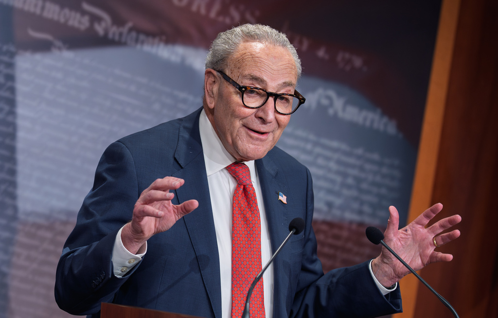 Senate Minority Leader Chuck Schumer, D-N.Y., speaks to reporters about Democratic victories on Election Day, at the Capitol in Washington, Wednesday, Nov. 5, 2025, day 36 of the government shutdown.