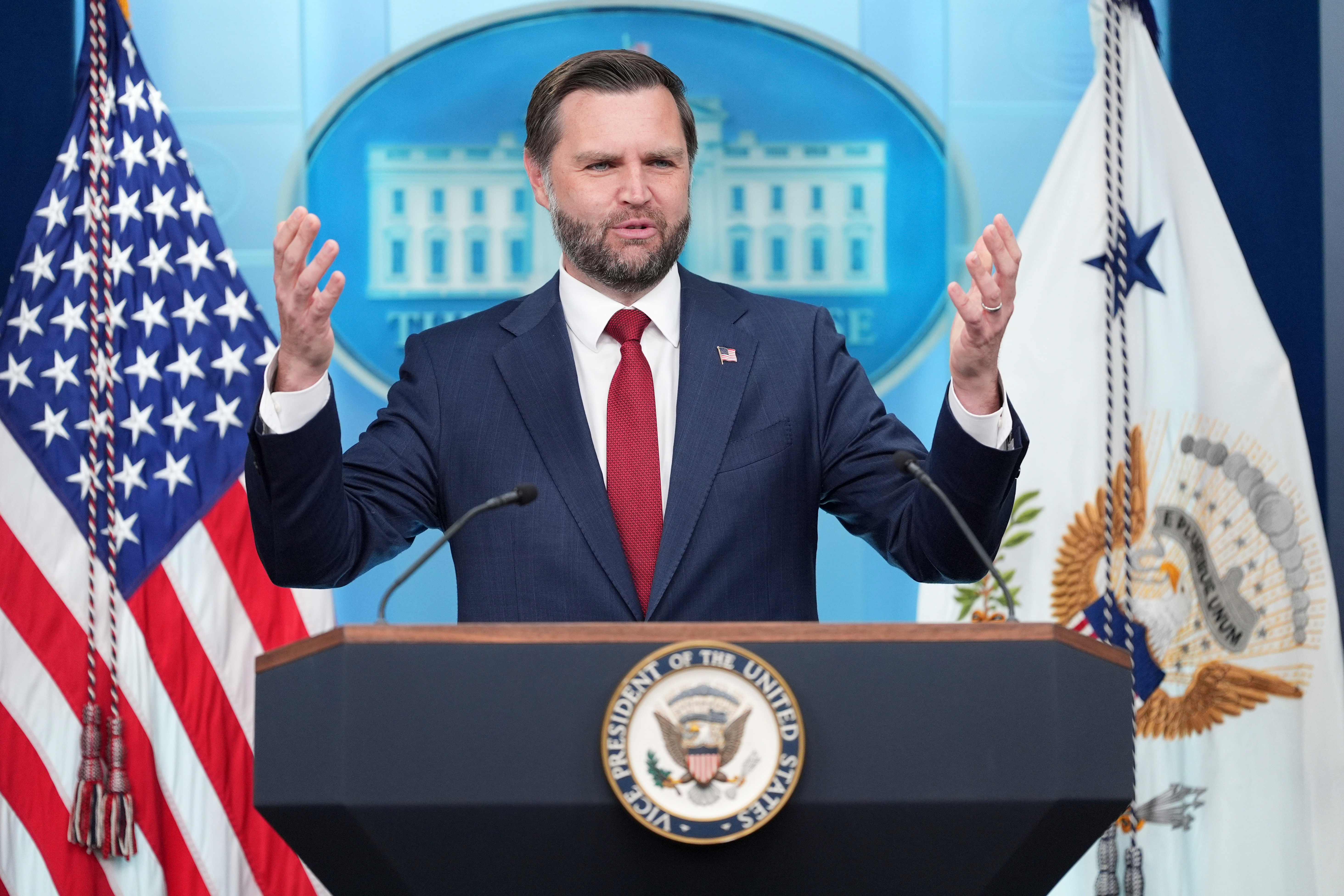 Vice President JD Vance speaks during a press briefing at the White House in Washington, Thursday, Sept. 3, 2026. 