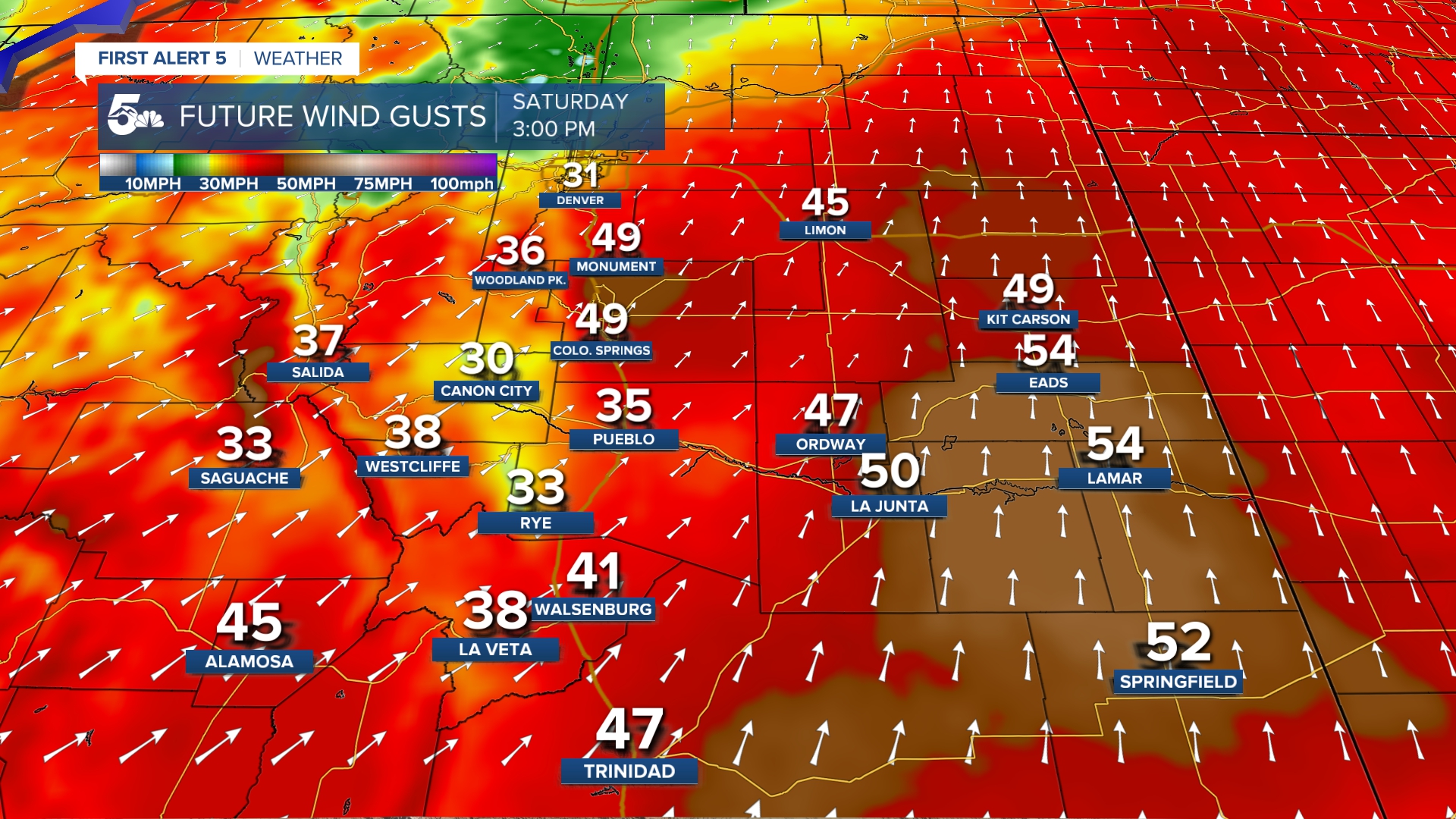 Wind gusts Saturday at 3:00 PM will be strong in southern Colorado