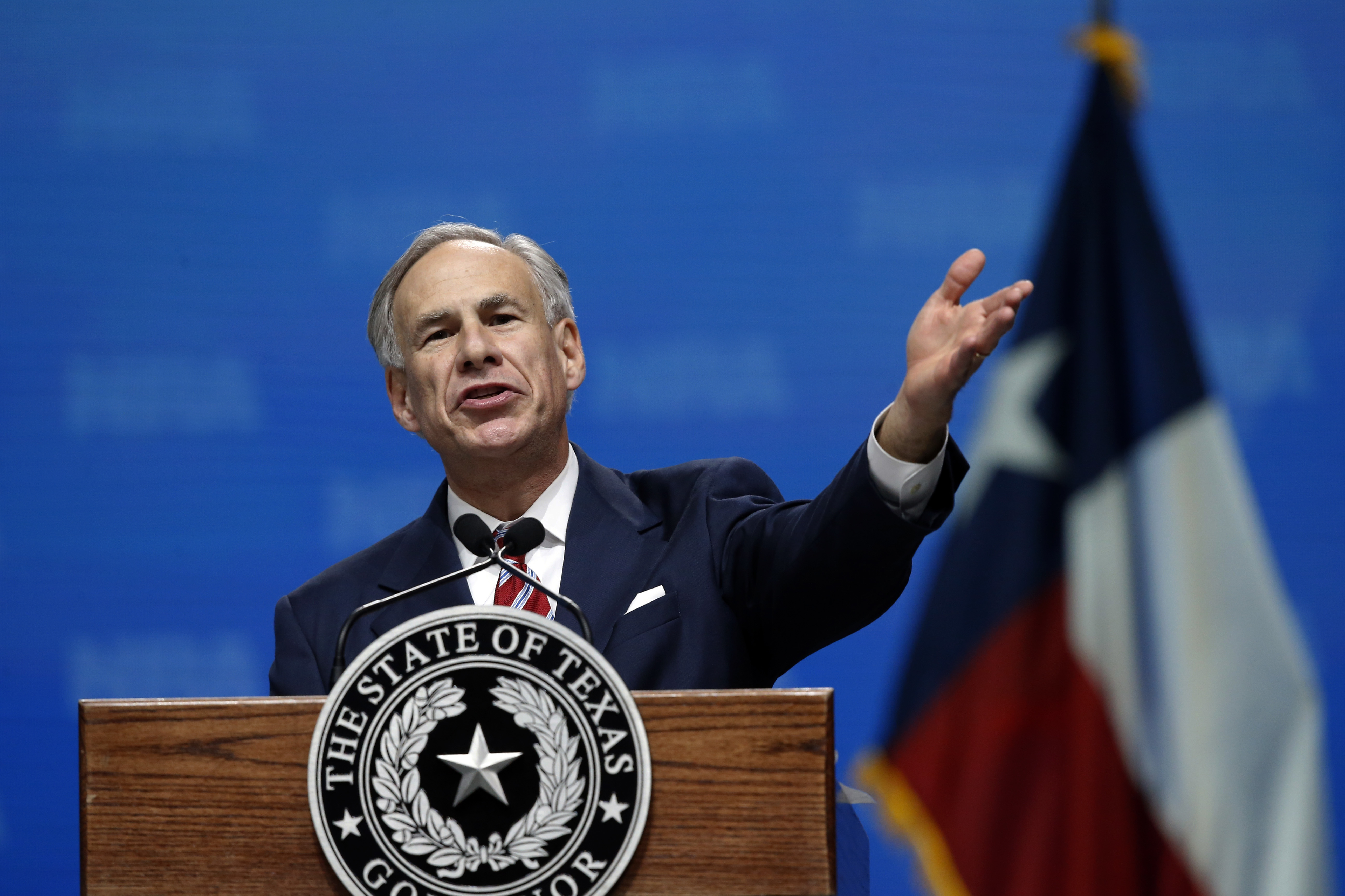 In this May 4, 2018, photo, Gov. Greg Abbott speaks at the National Rifle Association-Institute for Legislative Action Leadership Forum in Dallas. 