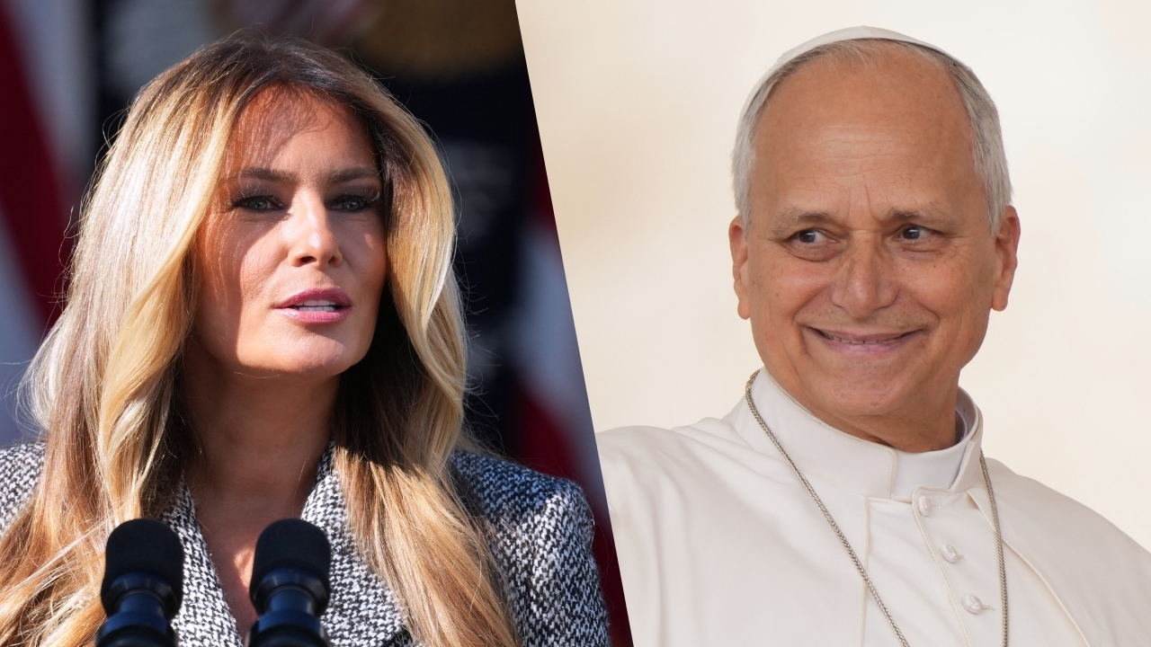 This combination of images shows First Lady Melania Trump, left, and Pope Leo XIV, right.