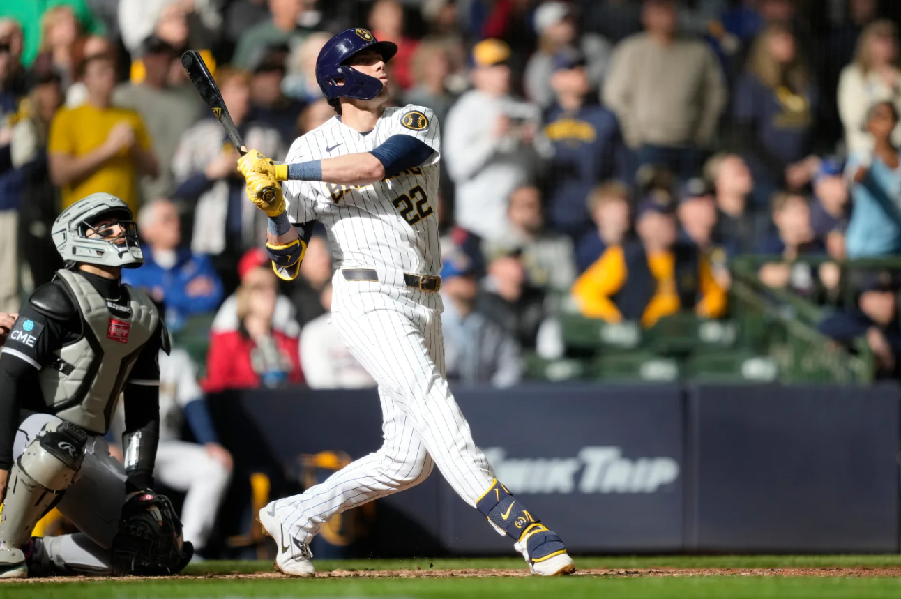 Milwaukee Brewers' Christian Yelich hits a three-run home run during the eighth inning of a baseball game against the Chicago White Sox, Sunday, March 29, 2026, in Milwaukee. 