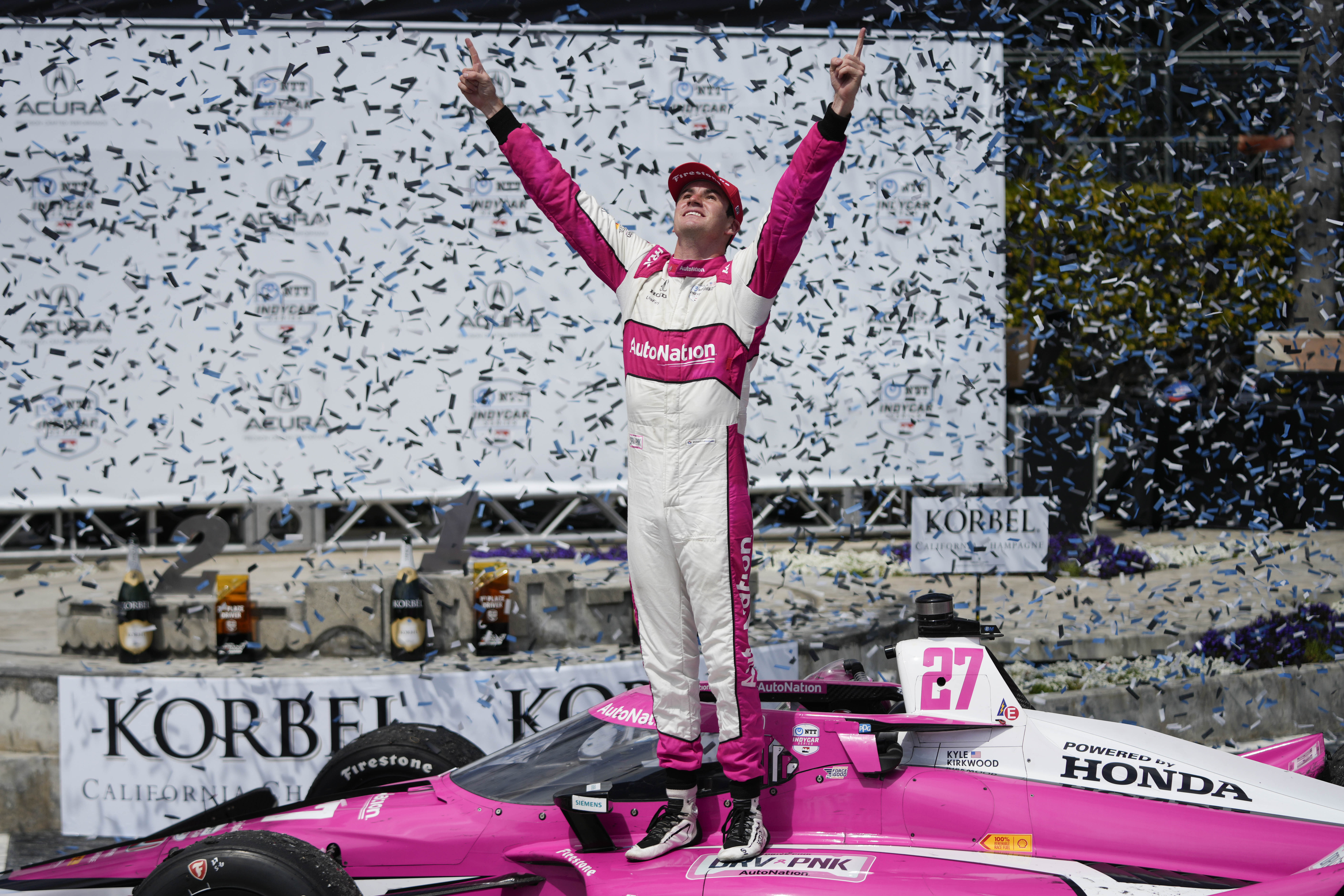 Kyle Kirkwood celebrates after winning IndyCar Grand Prix of Long Beach, April 16, 2023