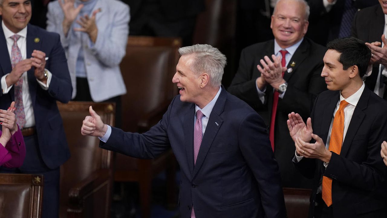 Rep. Kevin McCarthy, R-Calif., smiles after winning the 15th vote in the House chamber as the House enters the fifth day trying to elect a speaker and convene the 118th Congress in Washington, early Saturday, Jan. 7, 2023.
ALEX BRANDON / AP