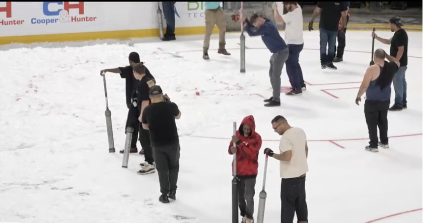Crews break up the ice used for Florida Panthers hockey at Amerant Bank Arena