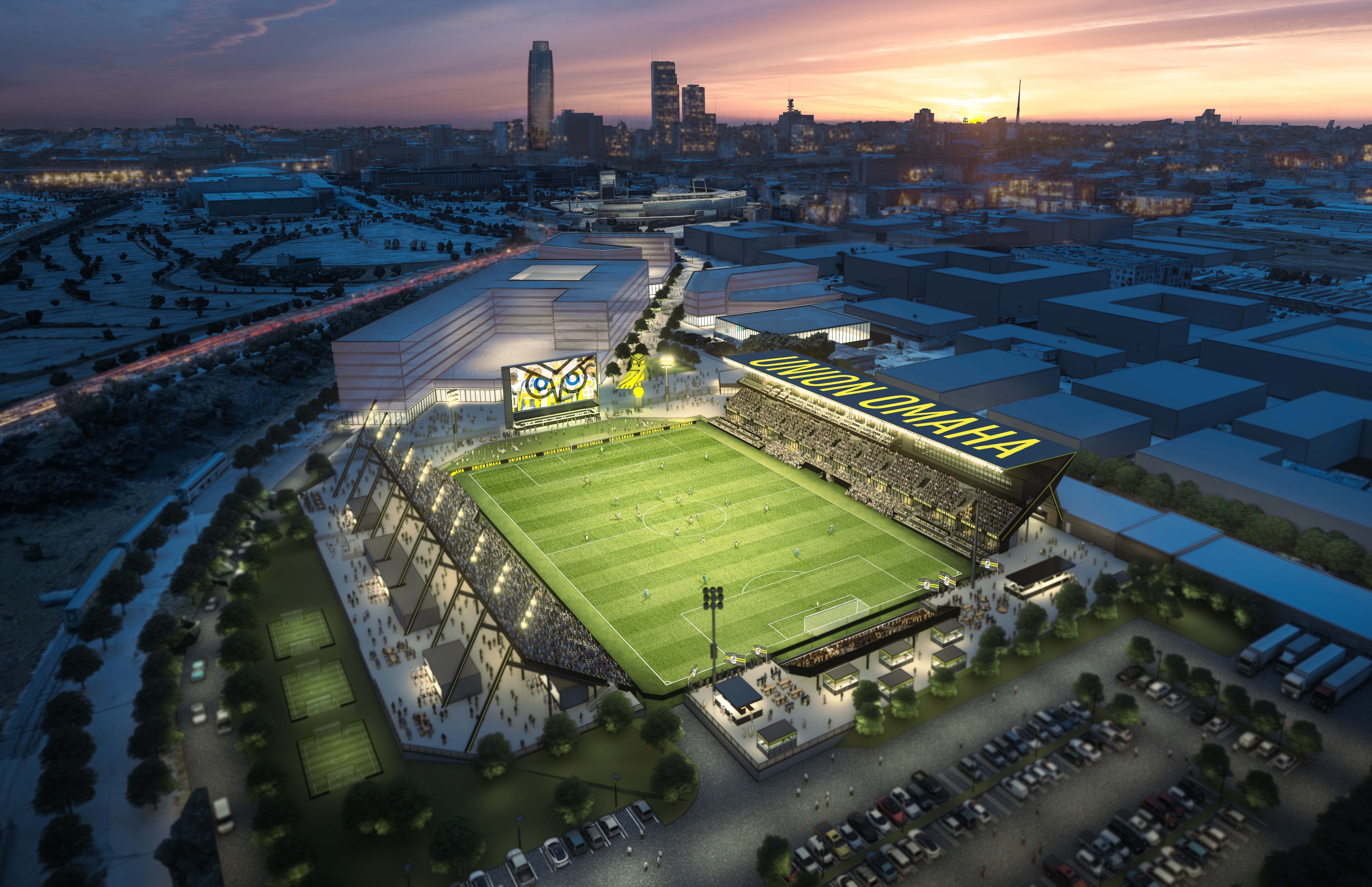 This rendering shows Union Omaha and the City of Omaha plans for a new downtown stadium. 
