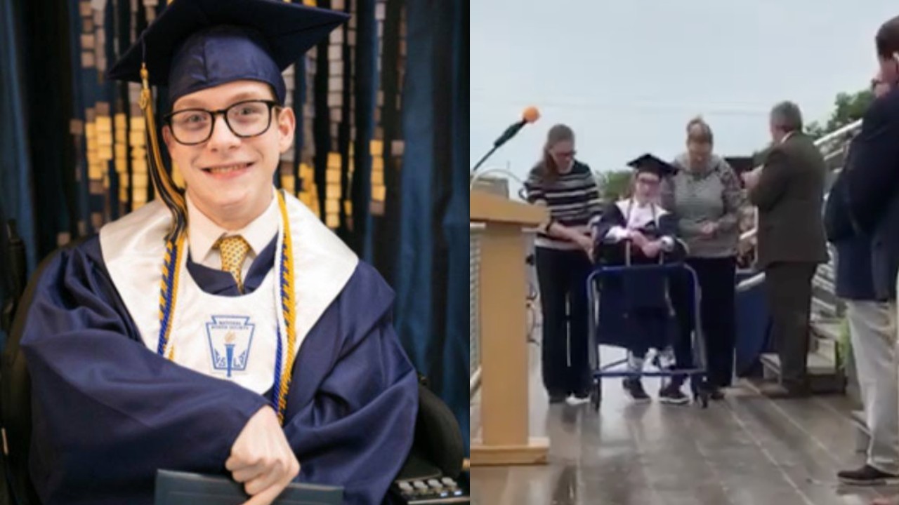 Student with cerebral palsy surprises classmates by walking graduation stage