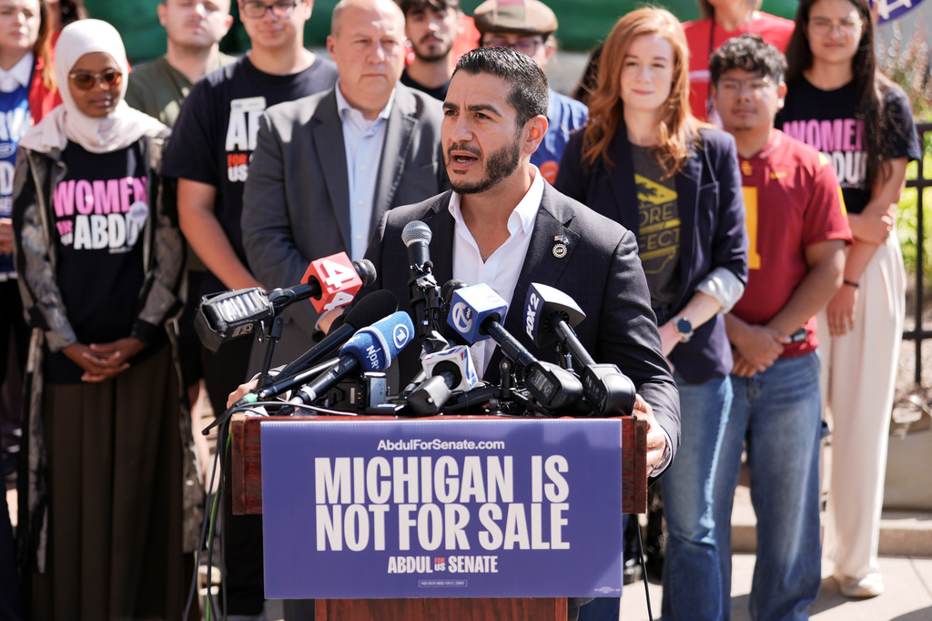 Abdul El-Sayed speaks during a news conference at the Spirit of Detroit shortly after winning the Democratic nomination for U.S. Senate in Michigan, Aug. 5, 2026, in Detroit. 